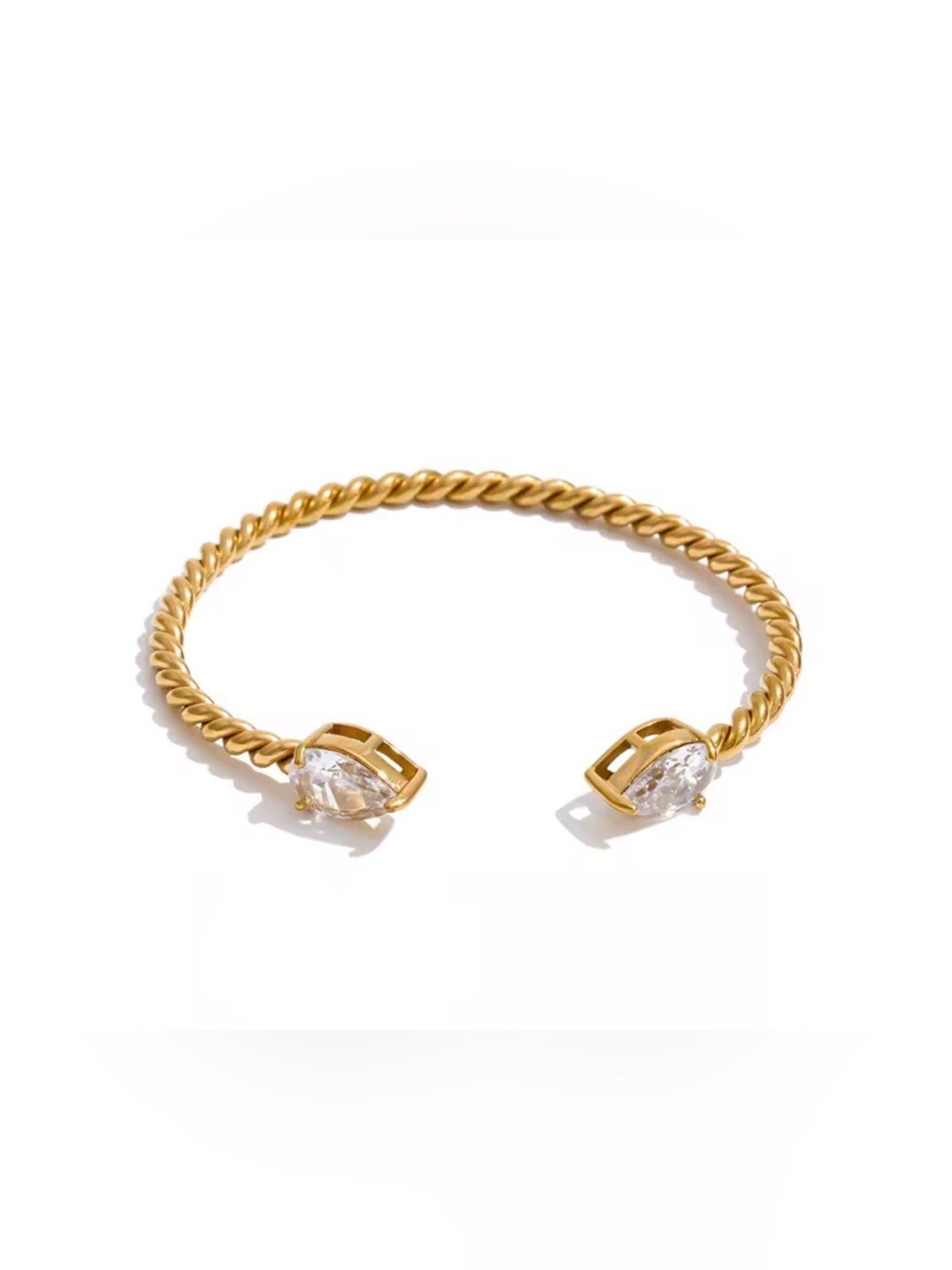 Gold Twisted Open Cuff Bracelet with Clear Gemstone Ends